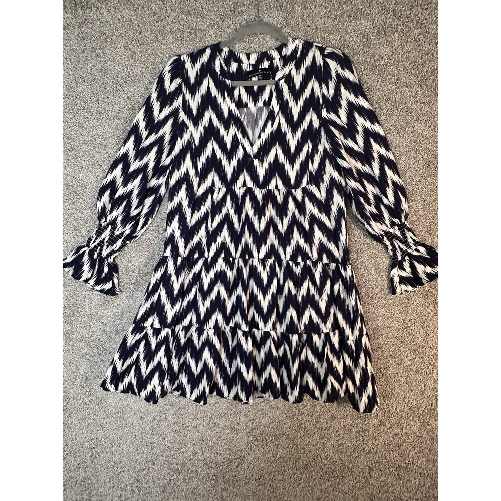 Pomander Place Navy White Ikat Tiered Mini Dress Long Sleeve Size XS
